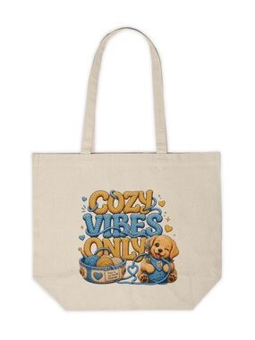 Handmade “Cozy Vibes Only” Canvas Tote Bag | Cute Puppy & Yarn Graphic Bag